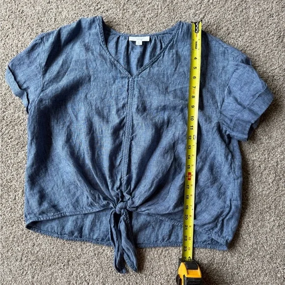 Charter Club Luxury Linen Front Tie Blue Lagenlook Top - Picture 8 of 10